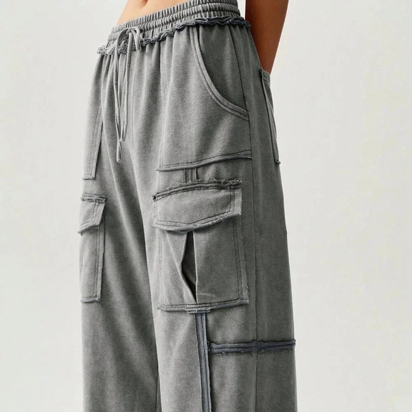 Dark Grey Casual Women's Vacation Knitted Pleated Pocket Palazzo Pants - Picture 7 of 7